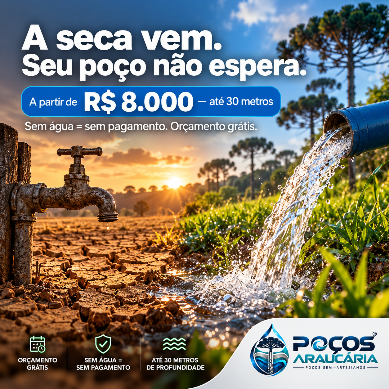 A seca vem. Seu poço não espera. A partir de R$ 8.000 até 30 metros.